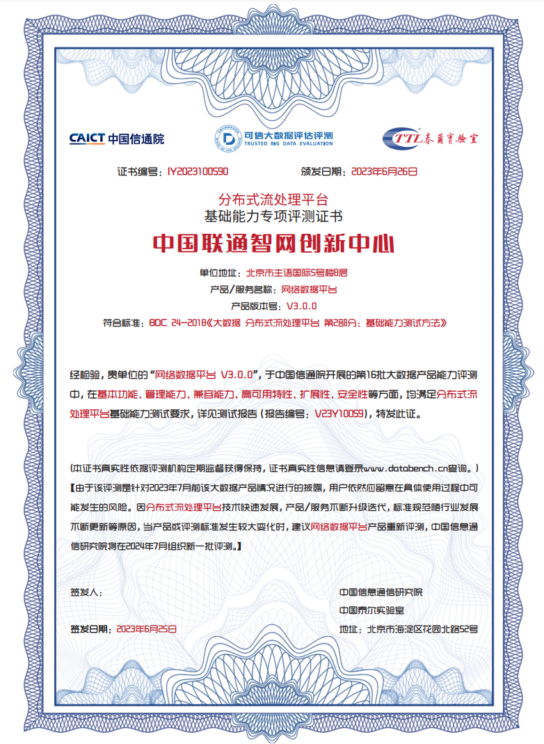 中国联通O域数仓通过中国信通院分布式批处理和流处理平台基础能力双认证
